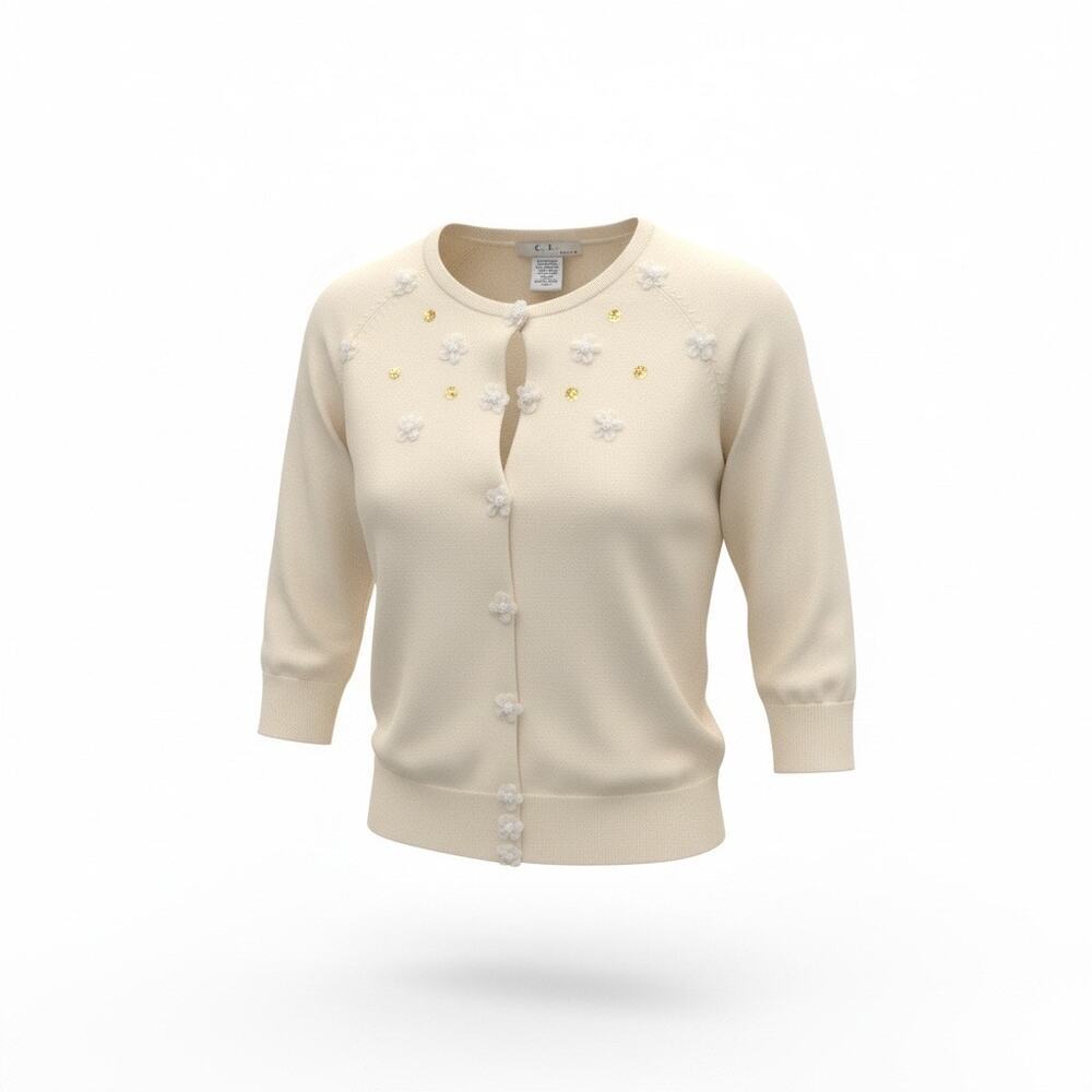 Silk Blend Embellished Cardigan Petite Cream Floral Button Front Preppy Small